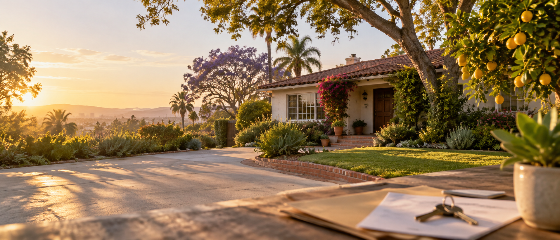 California estate property at golden hour with documents and keys